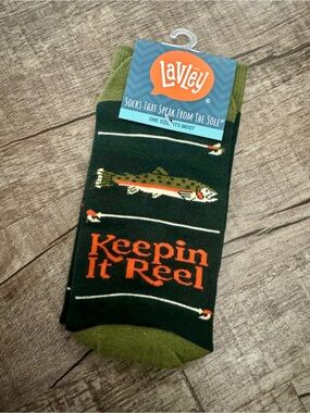 NWT Lavley Fish Socks “Keepin It Reel” Crew Socks Funny Fishing Gift